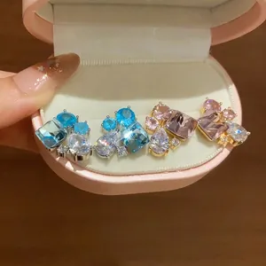 Elegant sparkling geometric zircon waterdrop stud earrings in pink and blue colors