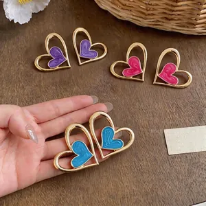 Pendientes de Botón de Corazón de Esmalte Dulce Estilo Coreano para Mujer Pendientes Minimalistas de Aleación de Oro Plata 925