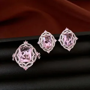 Vintage Palast Stil Quadrat Zirkonia Schmuck Kupfer Rosa Blau Offener Ring Ohrstecker Mit Silber Ohrringpfosten Für Damen