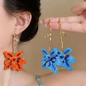Luxury Enamel Flower Long Drop Earrings With 925 Sterling Silver Earring Post Oversized Floral Iron Earrings For Women Jewelry