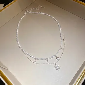 Elegante doppelreihige Perlenkette mit Zirkon-Sternanhänger, minimalistischer Schmuck