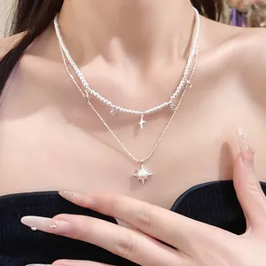 Zweilagige Perlen- und Zirkon-Sternanhänger-Halskette für elegantes, schickes Damen-Styling