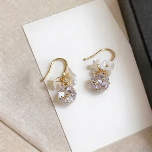 Elegant French style gold hook earrings with purple zircon beads and white flowers