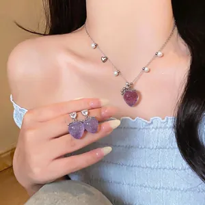 Gioielli Fragola Viola Collana con Perla Artificiale Cuore Strass e Accessorio per Orecchini in Argento Sterling 925 da Donna