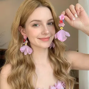 Handmade Resin Flower Chiffon Tassel Stud Earrings With Silver Earring Post Seaside Vacation Style Floral Jewelry For Women