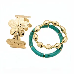 Elegant set of 3 gold flower cuff and beaded bracelets with stylish teal stone accents