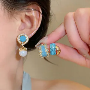 Vintage Geometric Rhinestone Stud Earrings With Artificial Pearl Copper Gold Plated 925 Sterling Silver Post For Women