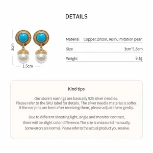 Technical detail of vintage earrings featuring zircon and pearls with size and weight info.