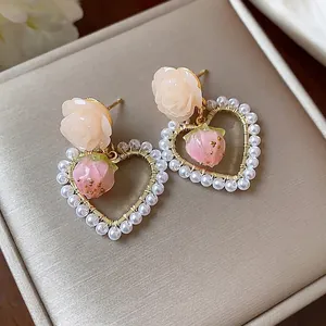 Elegant 14k gold plated heart earrings with pearls, roses, and strawberry charms
