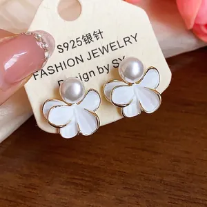 Elegant French style white flower pearl earrings with 18k gold plated edges for women