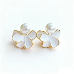 Elegant 18k gold plated flower stud earrings with white pearls and enamel petals