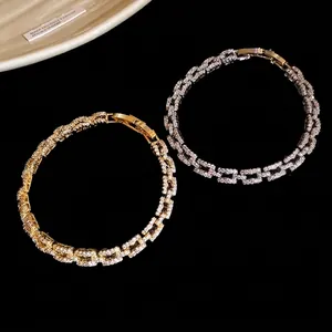 Luxury 14K Gold Plated Zirconia Geometric Link Bracelet For Women High End European Fashion Jewelry Gift Accessory