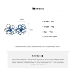 Detailed view of Korean spray-painted wire flower earrings with size and material info