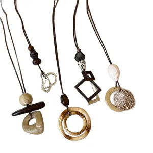 Vintage ethnic resin pendant necklaces with leather cord sweater chains for women