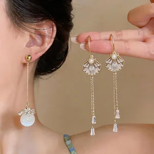 Korean Fashion Long Tassel Earrings Copper Zirconia Artificial Pearl With 925 Sterling Silver Earring Post For Women Jewelry