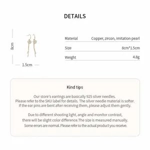 Detailed specs of elegant long tassel earrings with zircon and imitation pearls.