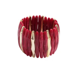 Bohemian bold acrylic marbled red and gold geometric elastic bracelet bangle for women