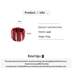 Detail showing dimensions and material of a red and gold acrylic tie-dye elastic bracelet