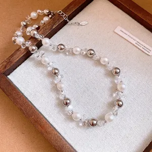 Elegant French style pearl and crystal beaded adjustable collarbone necklace for women