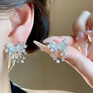 Exquisite Copper Bow Stud Earrings With 925 Sterling Silver Earring Post Zirconia Artificial Pearl Korean Style Jewelry For Women
