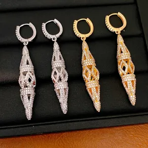 Elegant Hollow Rhombus Drop Earrings For Women Geometric Zirconia Inlaid Copper Jewelry Sophisticated Gift For Banquet Party