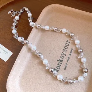 Elegant French style pearl and crystal beaded adjustable necklace for women, chic accessory.