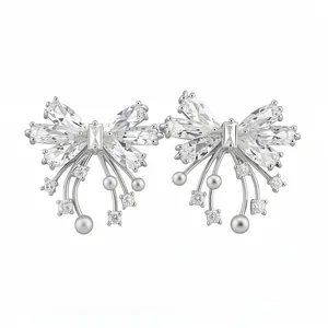 Exquisite silver-toned butterfly stud earrings set with sparkling clear marquise zircons