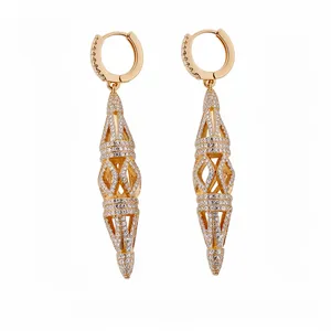 Elegant gold-tone hollow rhombus dangle earrings with shimmering pavé zircon accents