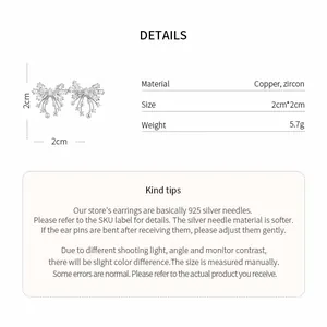 Details and specifications for elegant bow stud earrings with zircon and silver pins