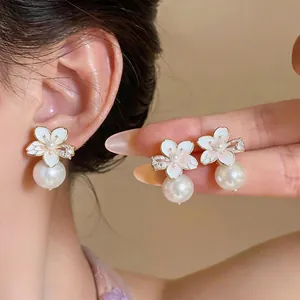 Luxury 18K Gold Plated Camellia Flower Stud Earrings for Women Zirconia Artificial Pearl 925 Sterling Silver Post Jewelry