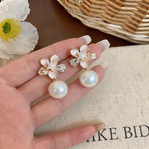 Elegant 18K gold plated camellia enamel earrings with zircon and large white pearl drops