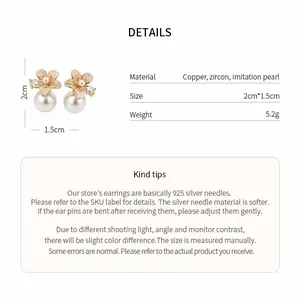 Detailed view of 18K gold-plated camellia earrings with imitation pearls, zircon, and measurements