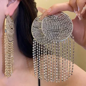 Exquisite Copper Round Rhinestone Tassel Earrings with 925 Sterling Silver Earring Post For Women Fashion Luxury Jewelry Gift