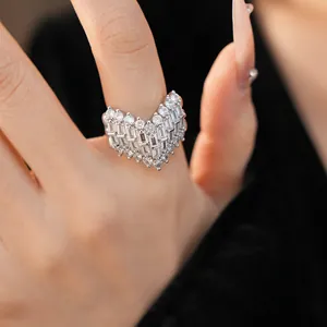 Close-up of elegant V-shaped vintage ring with shimmering baguette and round zircons.