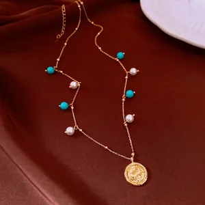 18K Gold Plated Copper Acrylic Pearl Round Coin Pendant Tassel Necklace For Women Vintage Light Luxury Clavicle Chain Jewelry