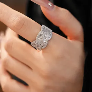 Detailed macro view of an exquisite court-style ring with baguette-cut cubic zirconia.