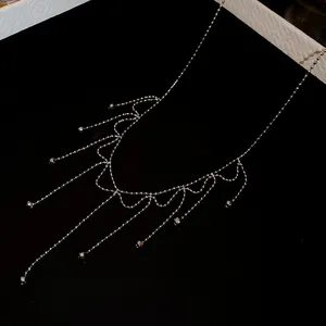Detailed view of an elegant fringe tassel necklace with polished silver-tone beads