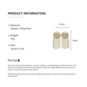 Detailed product information for gold tassel earrings with rhinestone and 14cm length.