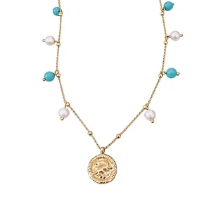 18K gold plated necklace with pearls, turquoise beads and circular elephant pendant