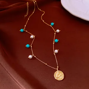 18K gold plated necklace with blue beads, white pearls and vintage coin pendant detail