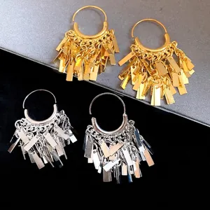 Unique metallic geometric fringe tassel drop earrings in elegant gold and silver tones