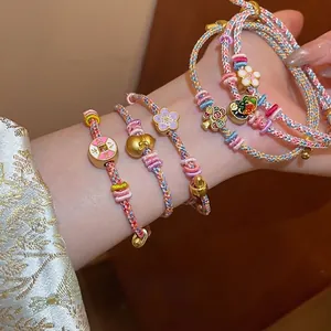 Handmade Woven Multicolor Bracelet For Women Traditional Gourd Flower Drip Oil Alloy Pendant Adjustable Cord Wristband Jewelry Gift
