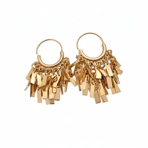 Elegant gold geometric tassel hoop earrings with dangling rectangular metal charms for women