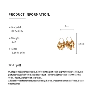 Detailed view of geometric gold tassel earrings with material, weight, and size specifications