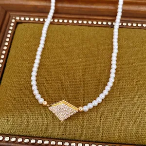 18K gold plated diamond pendant pearl necklace with sparkling cubic zirconia stones.