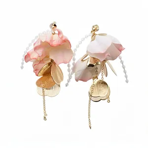 Elegant Korean style acrylic petal drop earrings with gold leaves and silver needle.