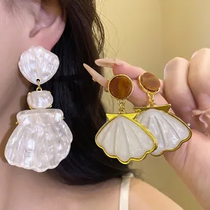 French Vintage Shell Drop Earrings For Women Resin Shell Shaped Dangle Earrings Gold Plated Luxury Silver Earring Post Jewelry