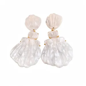 Vintage French style resin shell drop earrings with elegant white pearl finish and gold details