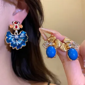 Vintage Alloy Enamel Leaf Earrings With Silver Earring Post Gold Blue Red Rhinestone Artificial Pearl Jewelry For Women