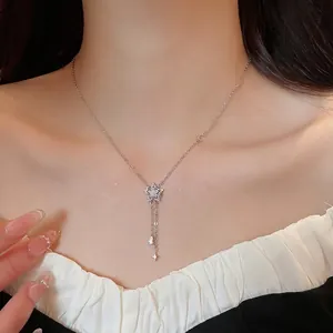 Elegant Korean style silver necklace with sparkling zircon star and waterdrop tassels